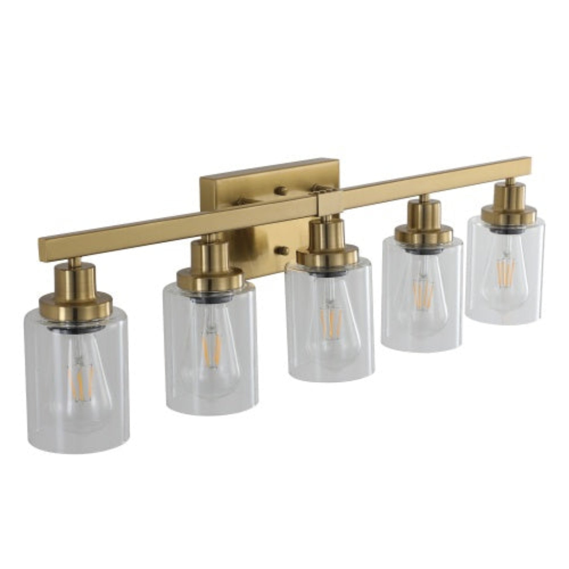 Modern bathroom light fixture with four clear glass shades and gold metal accents on a white background