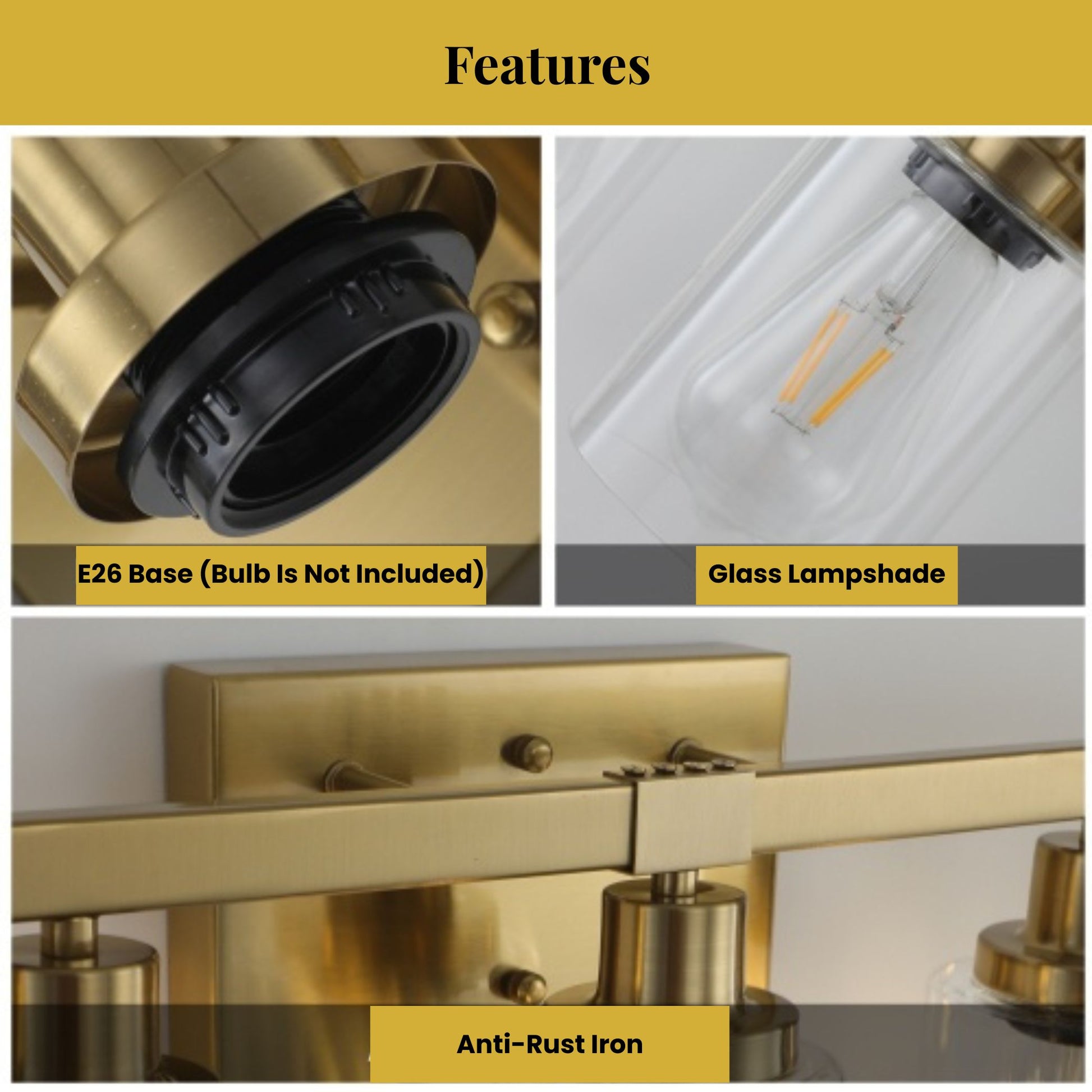 Collage of features including E26 base, glass lampshade, and anti-rust iron on a gold fixture.