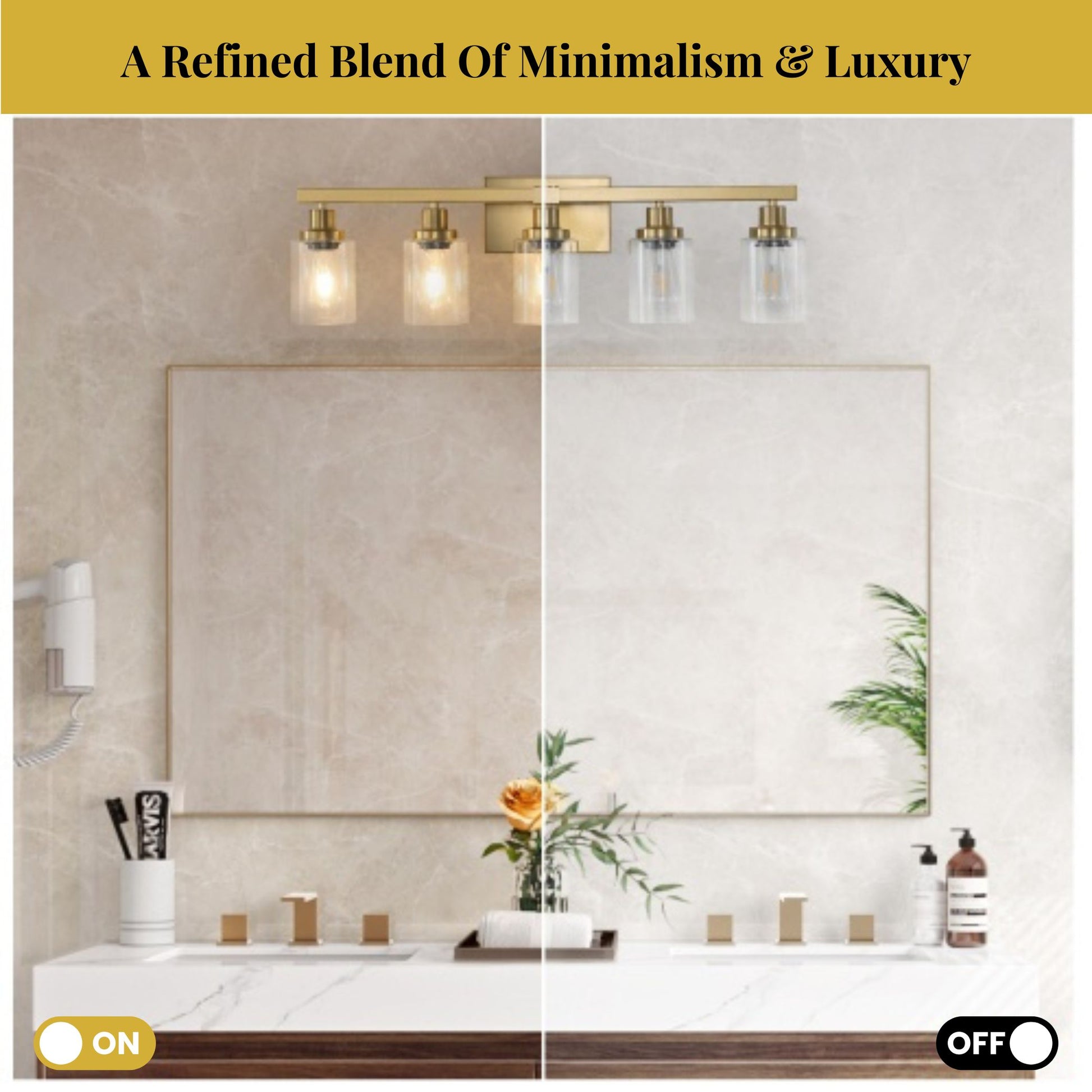 Bathroom vanity setup with lighting fixture, mirror, and decorative elements.