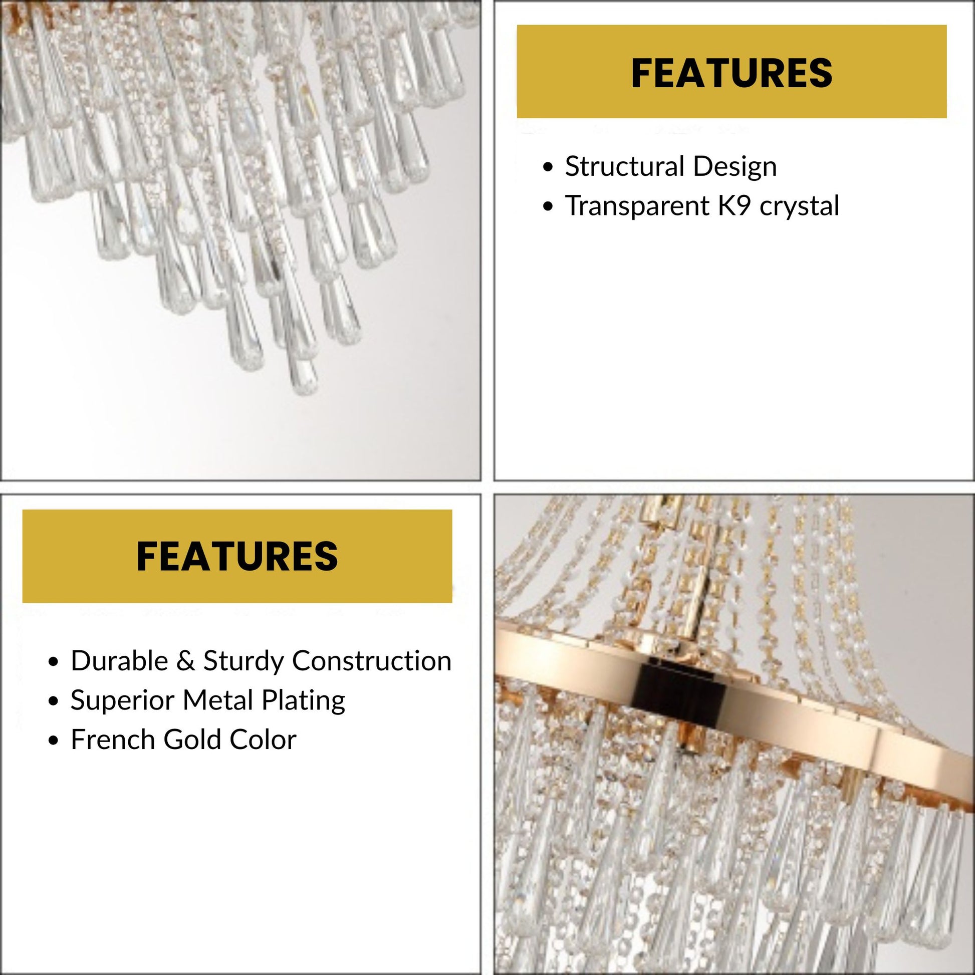 Chandelier with features listed on a white background