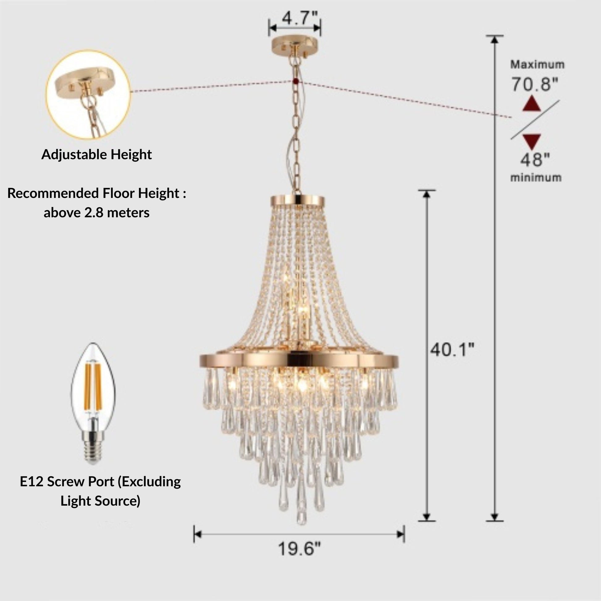 Chandelier with dimensions and specifications on a white background