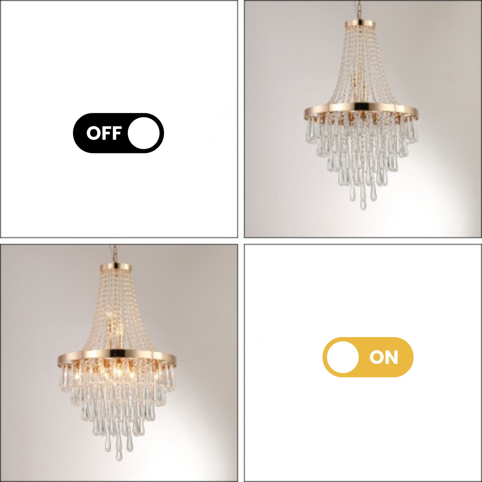Chandelier with 'Off' and 'On' switch labels on a light gray background