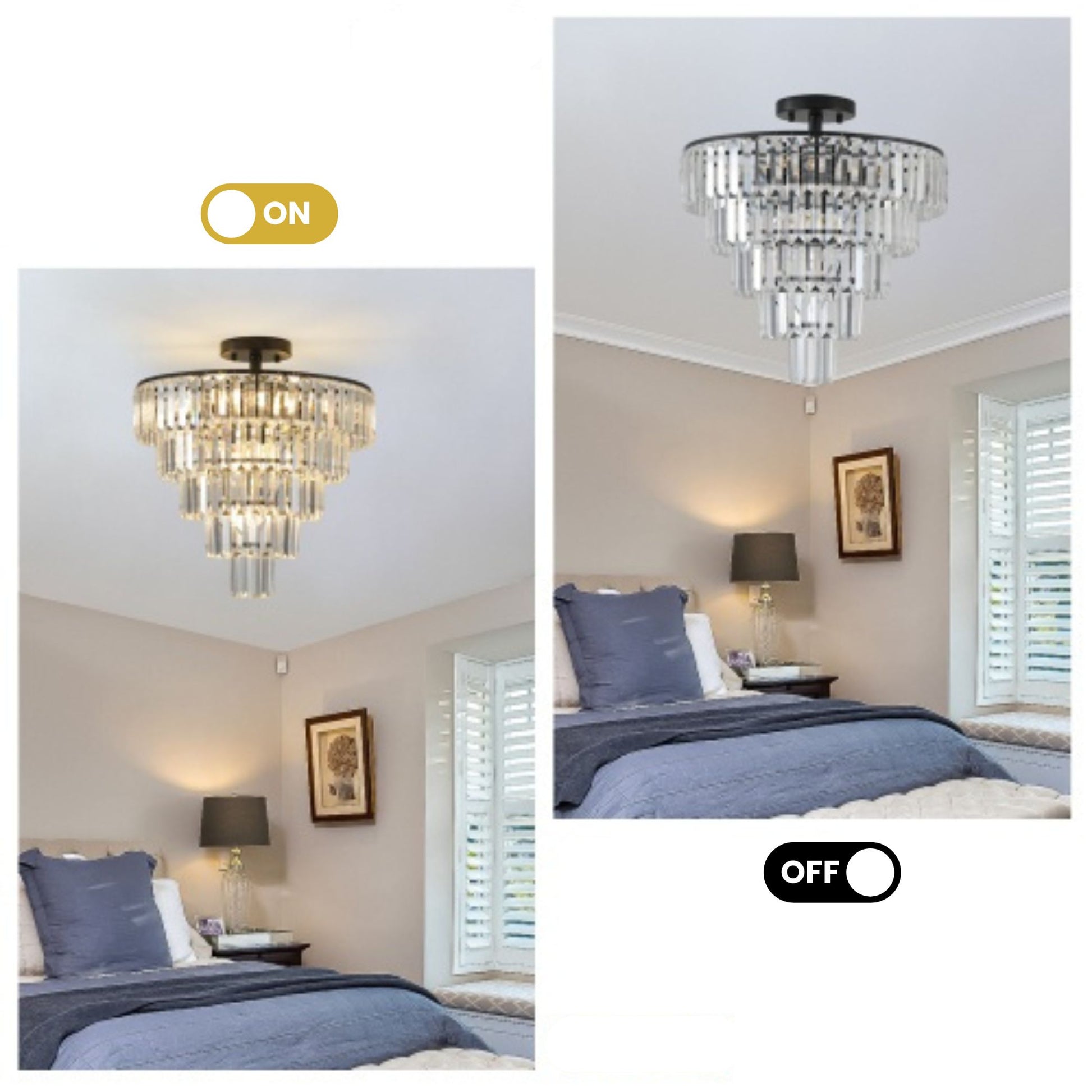 Chandelier in a bedroom setting with 'On' and 'Off' labels.