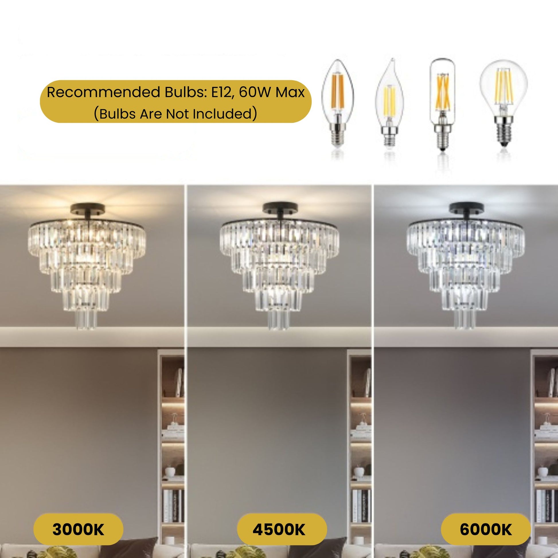 Chandelier with three color temperature options displayed in a room setting.