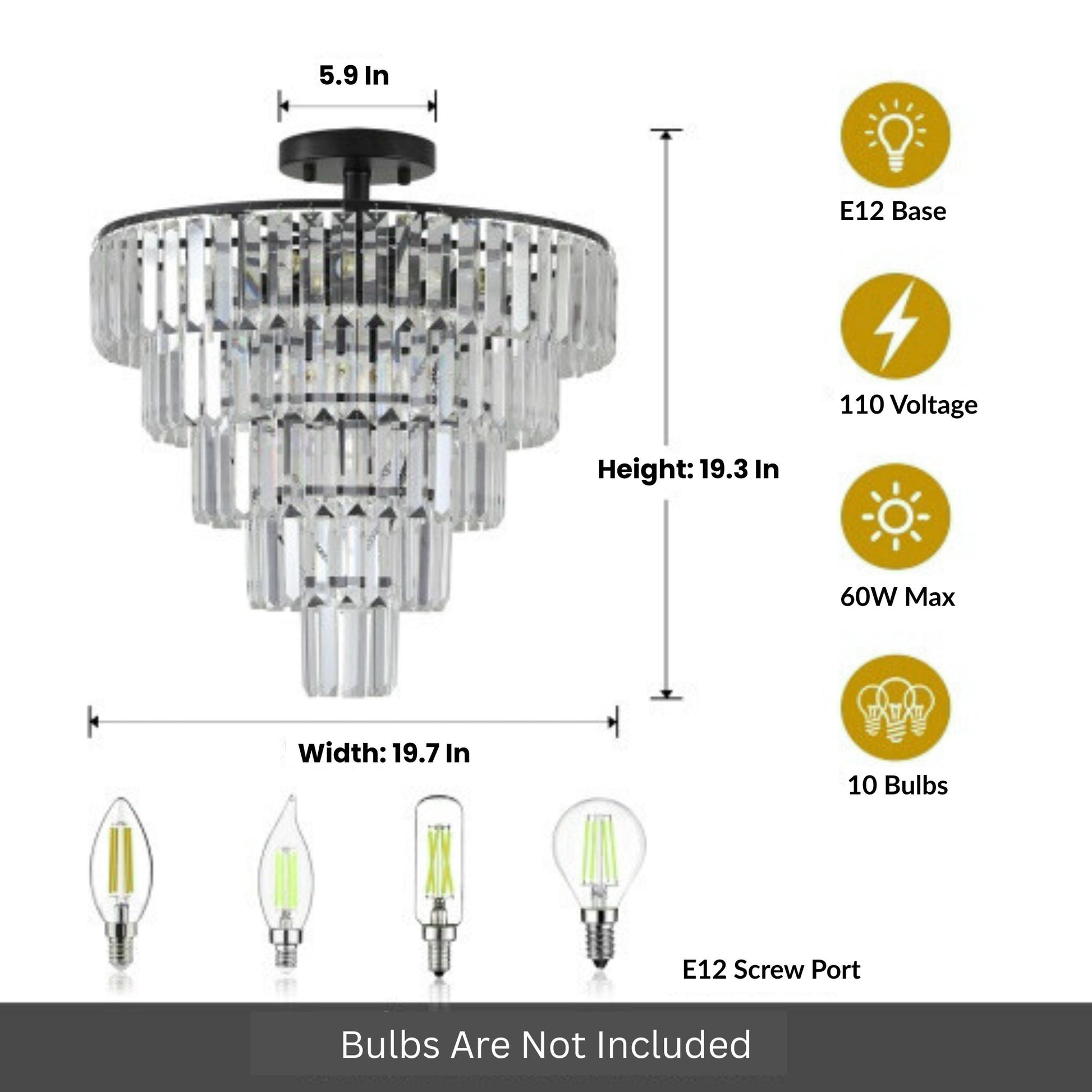 Chandelier with dimensions, bulb compatibility, and voltage information on a white background