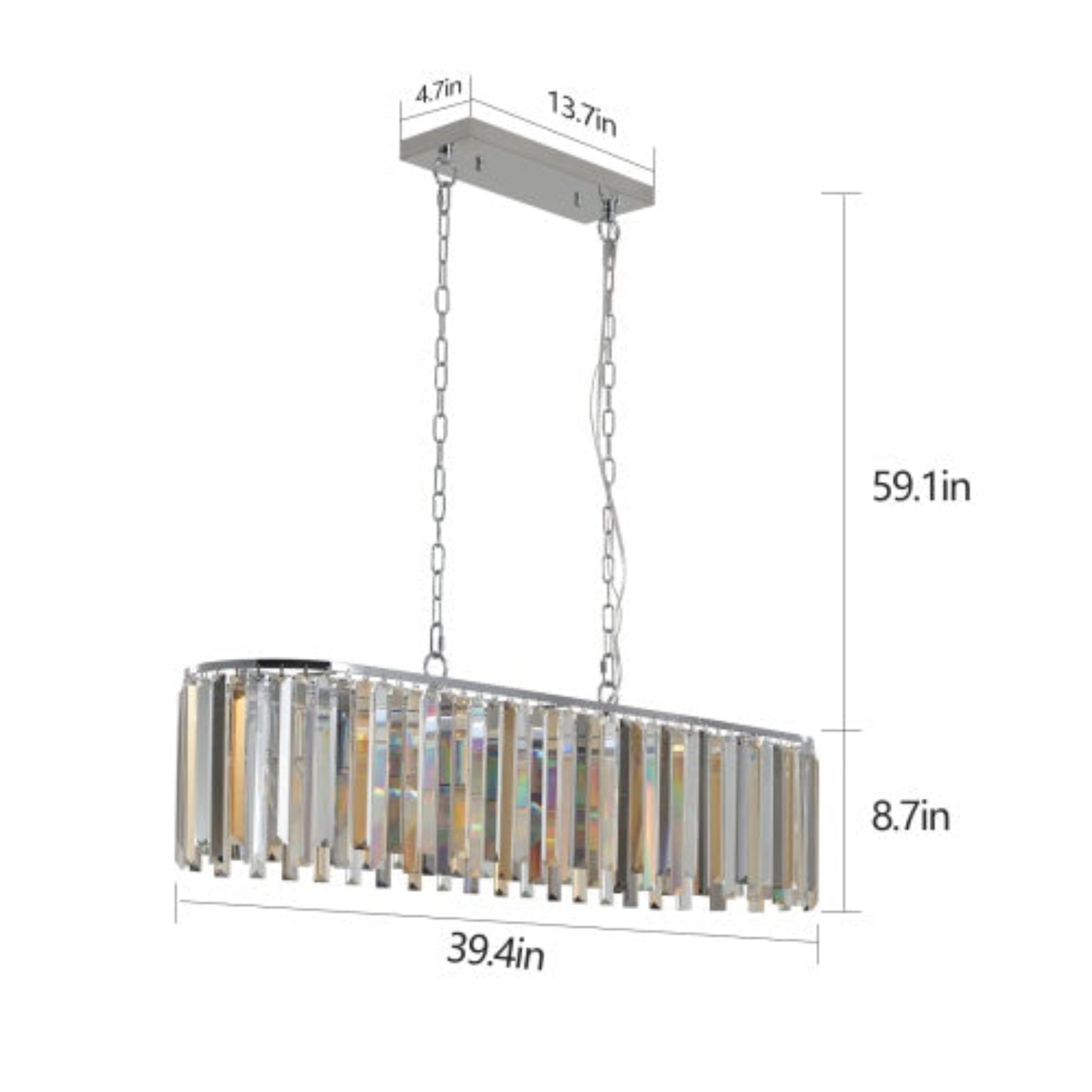 Chandelier with dimensions labeled on a white background