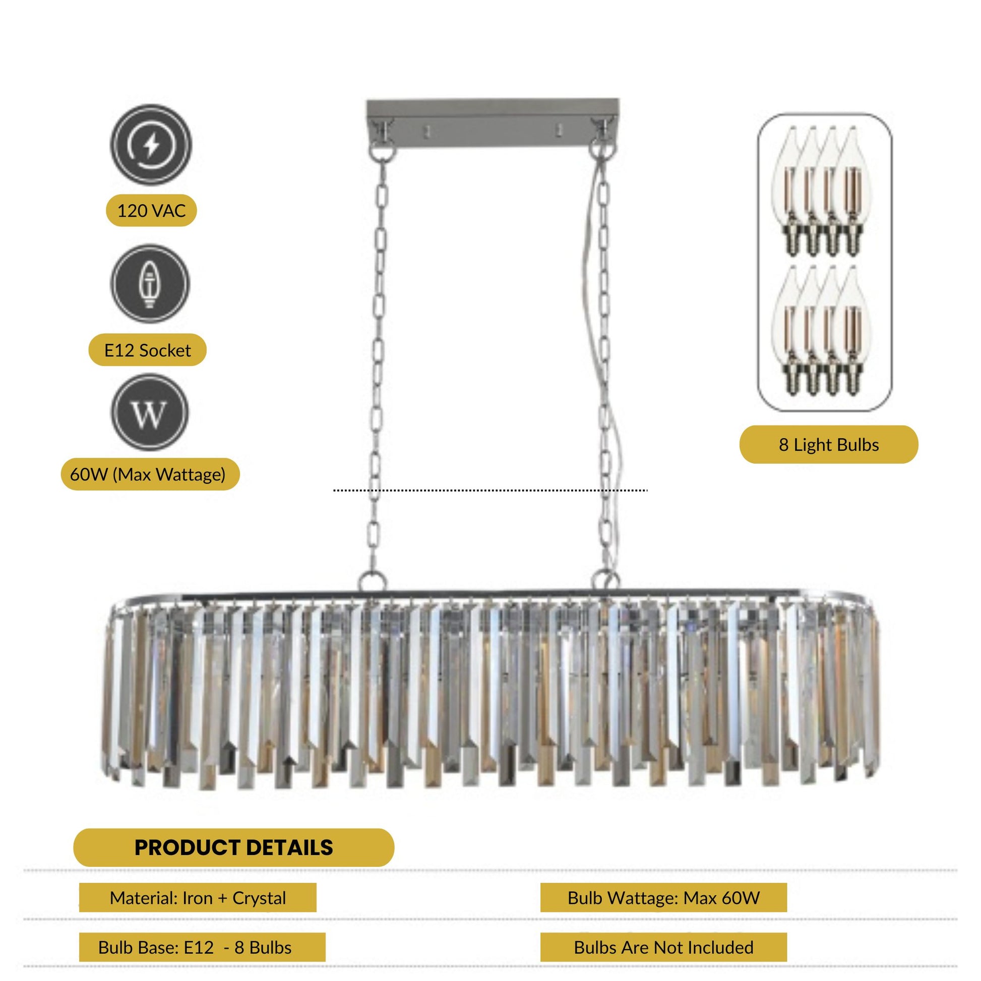 Chandelier with product details on a white background