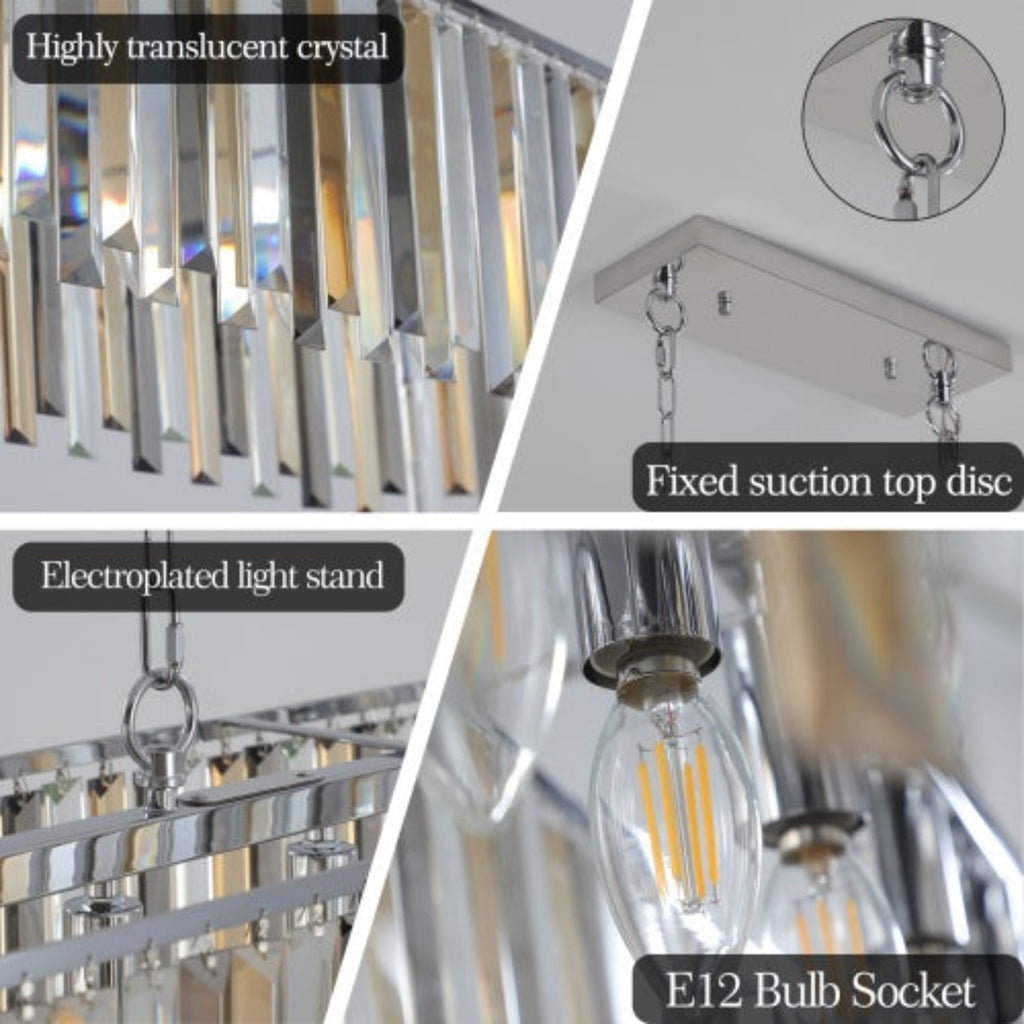 Collage of a chandelier with labeled features including crystal, light stand, and bulb socket.