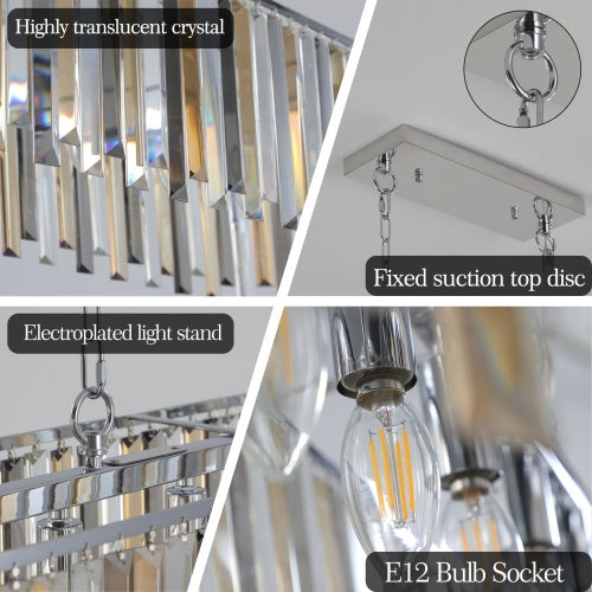 Collage of a chandelier with labeled features including crystal, light stand, and bulb socket.