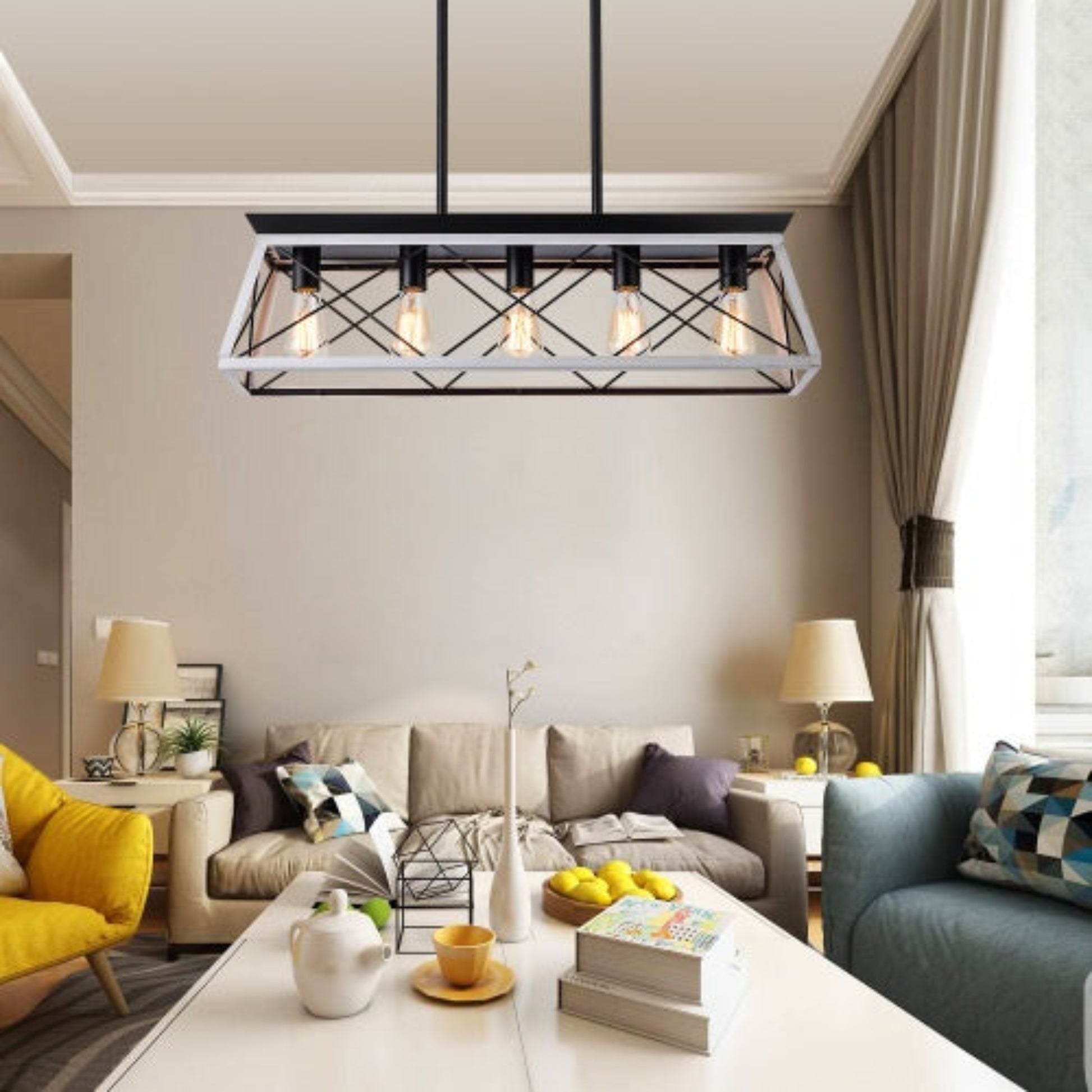 Modern living room with a chandelier, sofa, and coffee table.