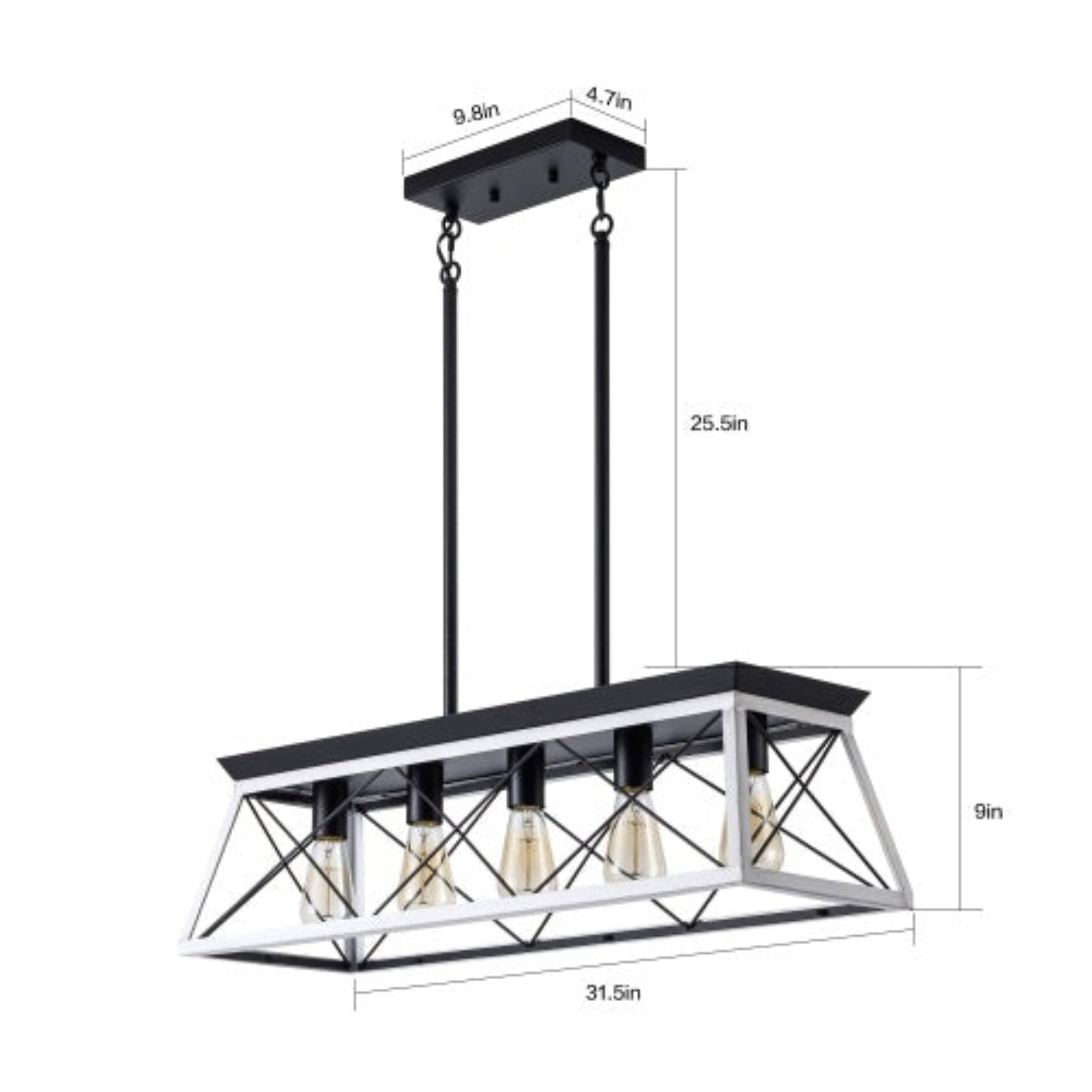 Black rectangular pendant light with measurements on a white background