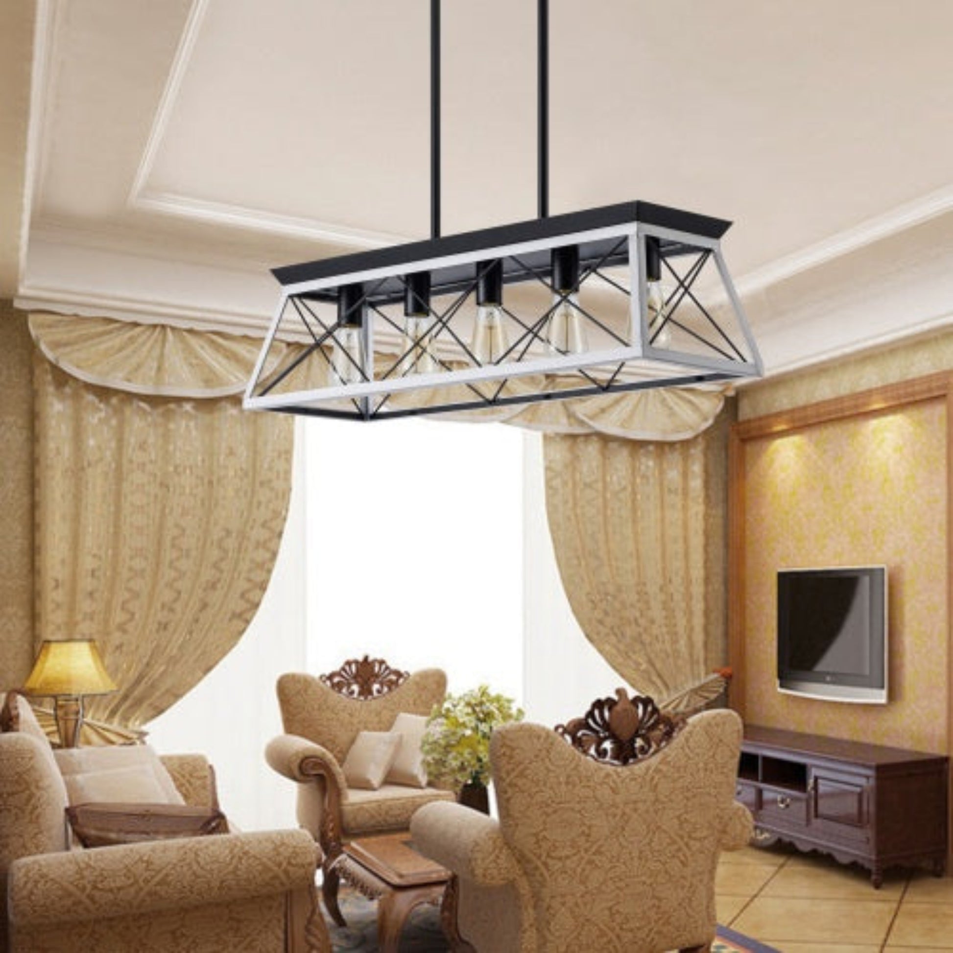 Living room with a modern chandelier, beige curtains, and decorative furniture.
