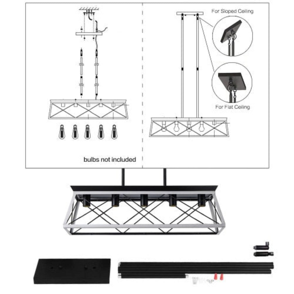 Diagram and components of a ceiling light fixture assembly on a white background