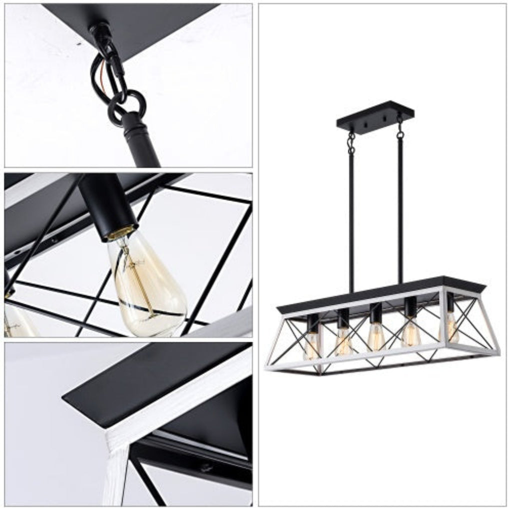 Modern pendant light fixture with black metal frame and clear glass shades.