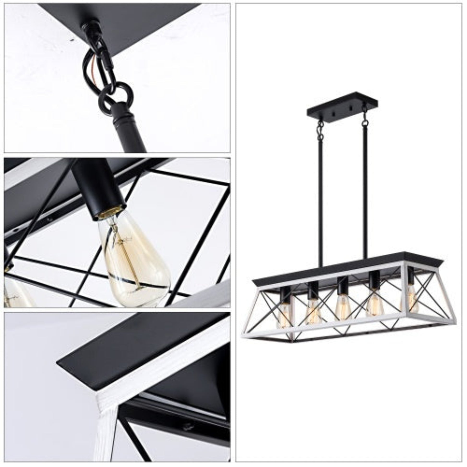 Modern pendant light fixture with black metal frame and clear glass shades.