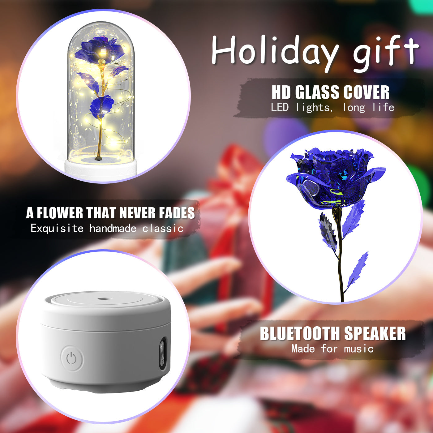2-in-1 Rose Glass LED Light with Bluetooth Speaker – Romantic Flower Night Light Gift