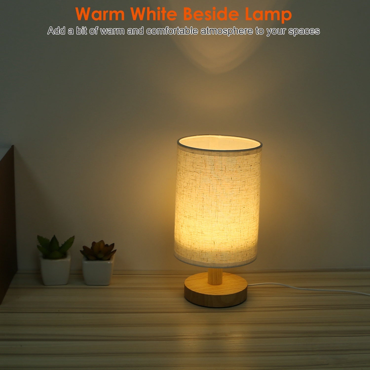 Warm White USB Bedside Lamp – Modern Bamboo & Cloth Desk Light