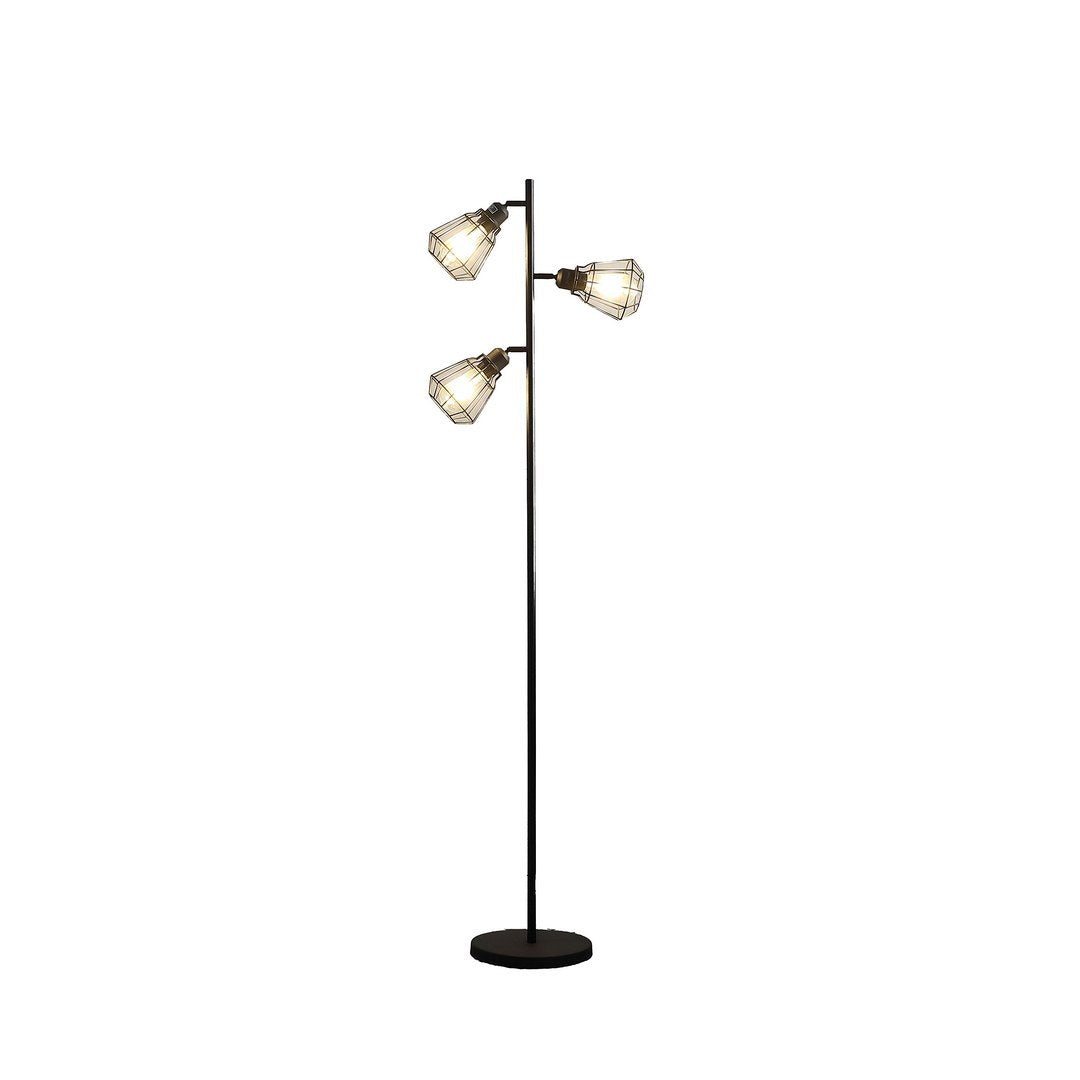 Adjustable Industrial Farmhouse Floor Lamp with Metal Cage Shades – Black Matte Finish