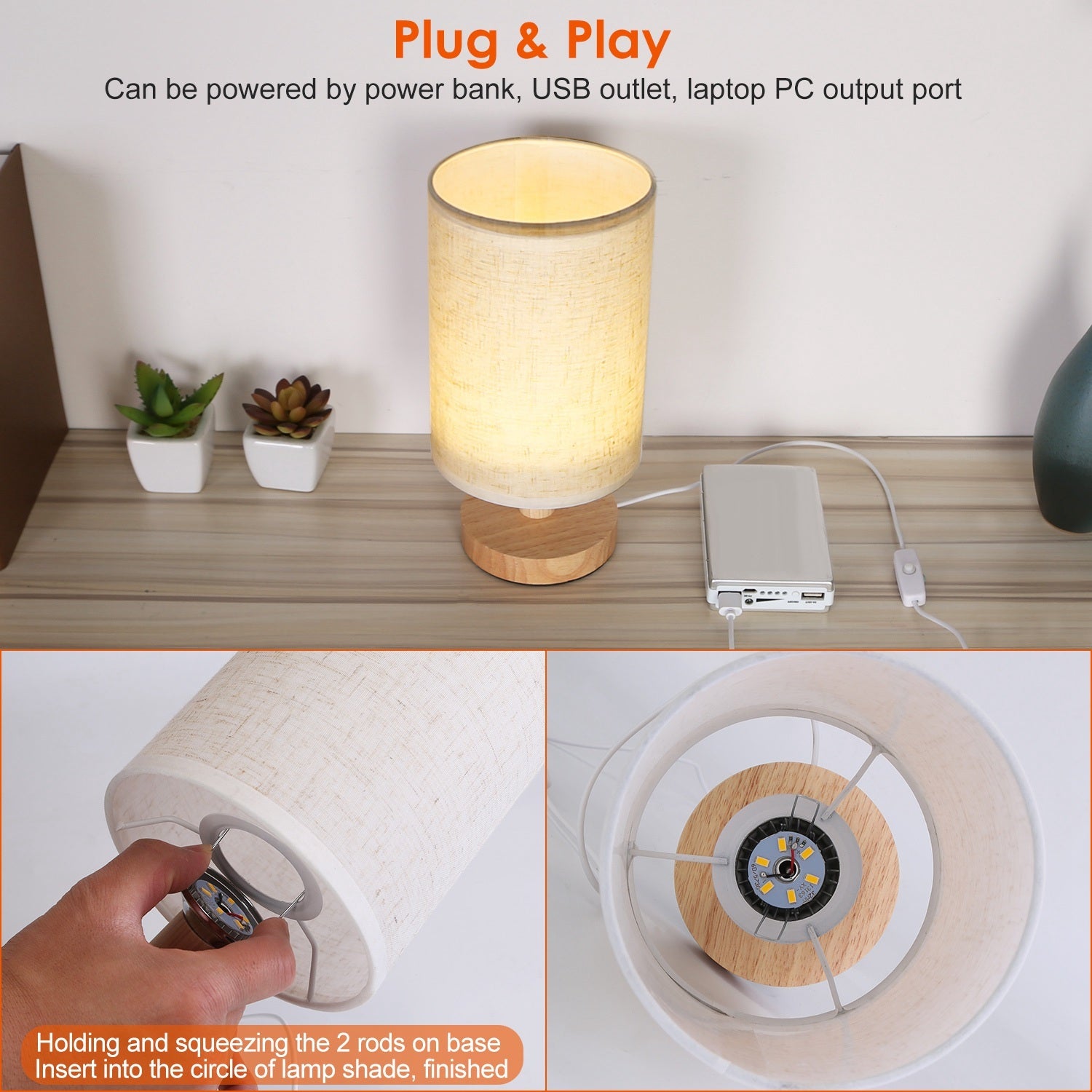 Warm White USB Bedside Lamp – Modern Bamboo & Cloth Desk Light