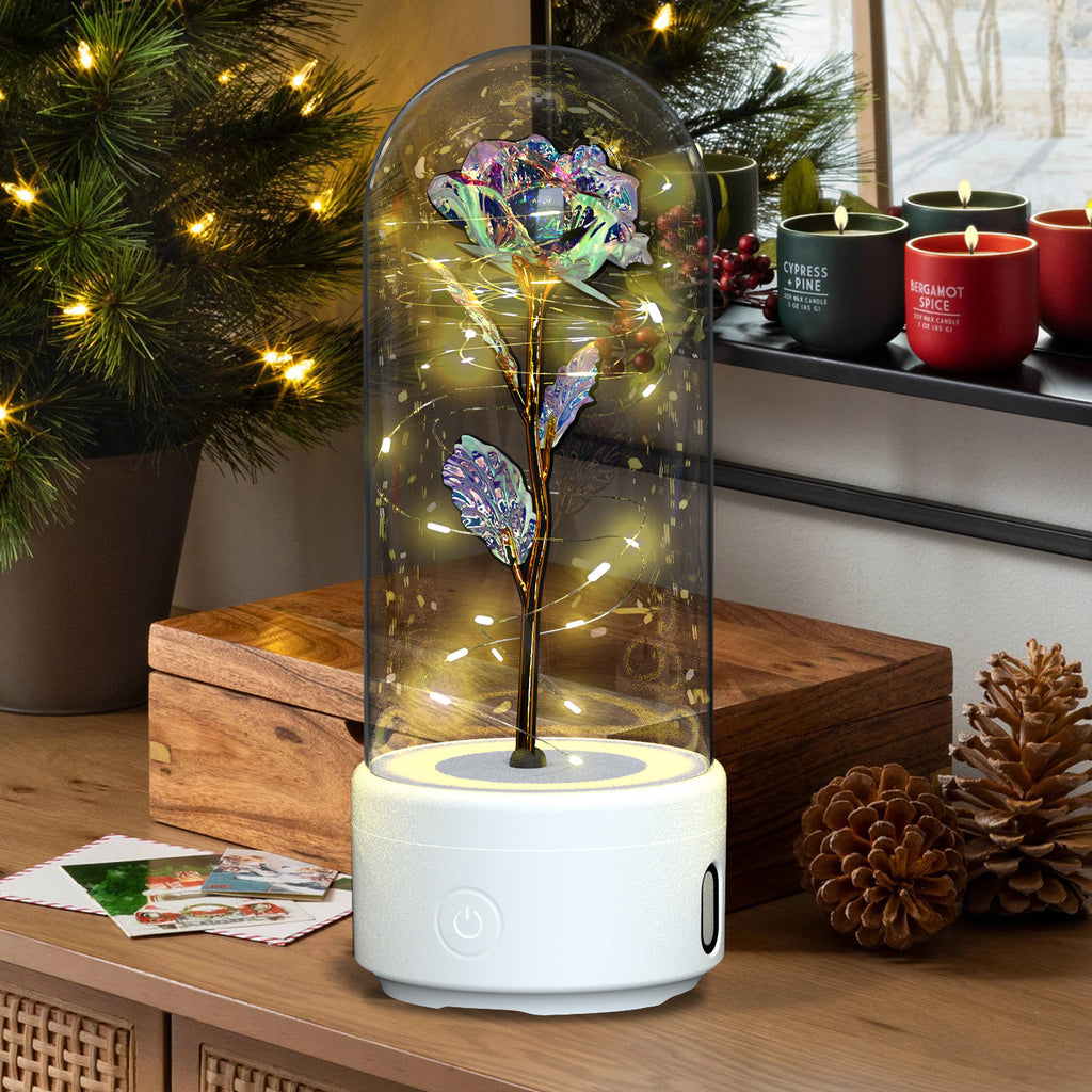 2-in-1 Rose Glass LED Light with Bluetooth Speaker – Romantic Flower Night Light Gift