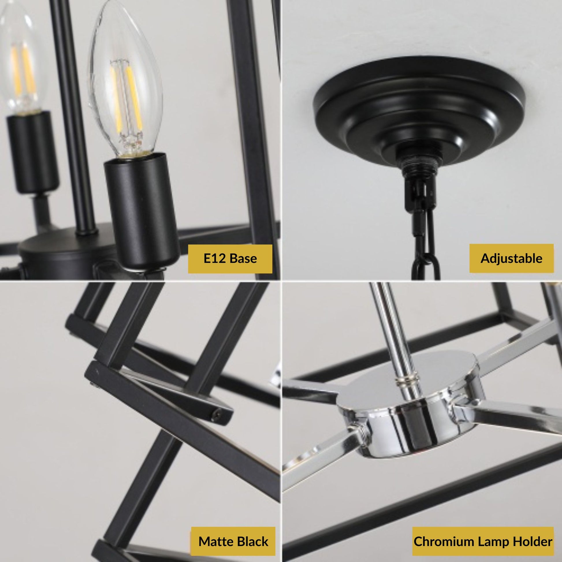 Close-up details of a black chandelier with E12 base, adjustable design, matte black finish, and chromium lamp holder.
