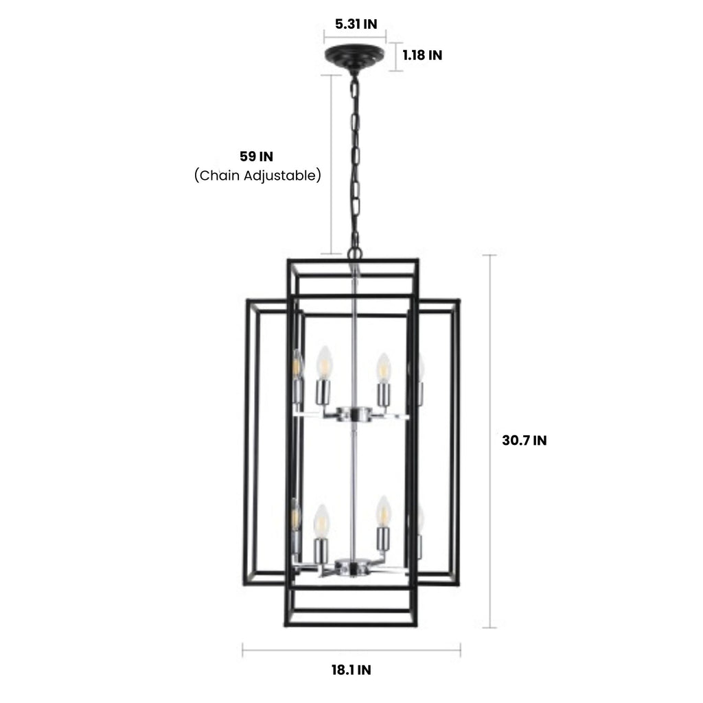 Pendant light fixture with dimensions on a white background