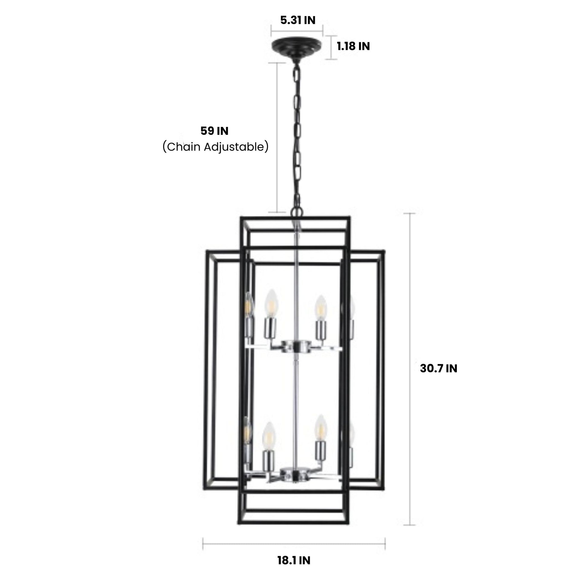Pendant light fixture with dimensions on a white background
