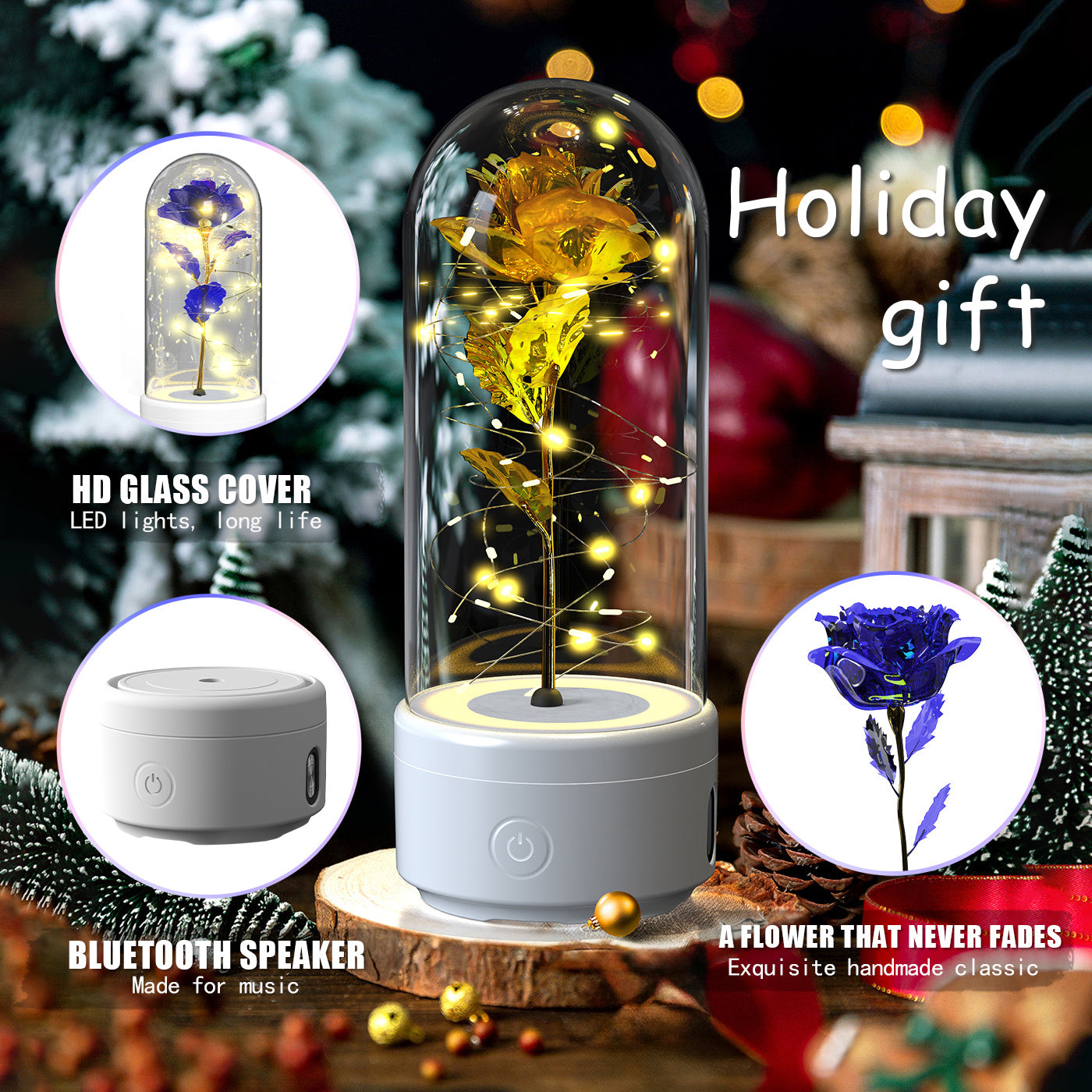 2-in-1 Rose Glass LED Light with Bluetooth Speaker – Romantic Flower Night Light Gift