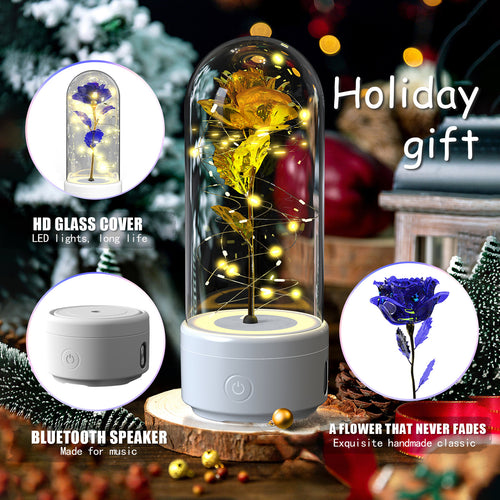 2-in-1 Rose Glass LED Light with Bluetooth Speaker – Romantic Flower Night Light Gift