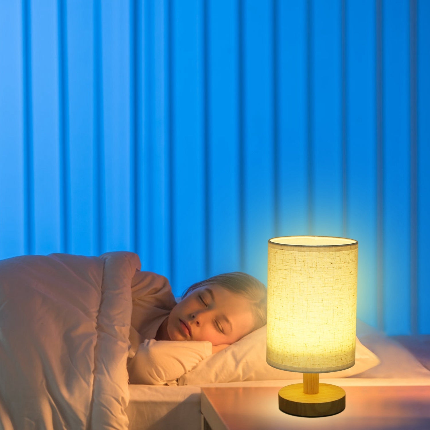 Warm White USB Bedside Lamp – Modern Bamboo & Cloth Desk Light