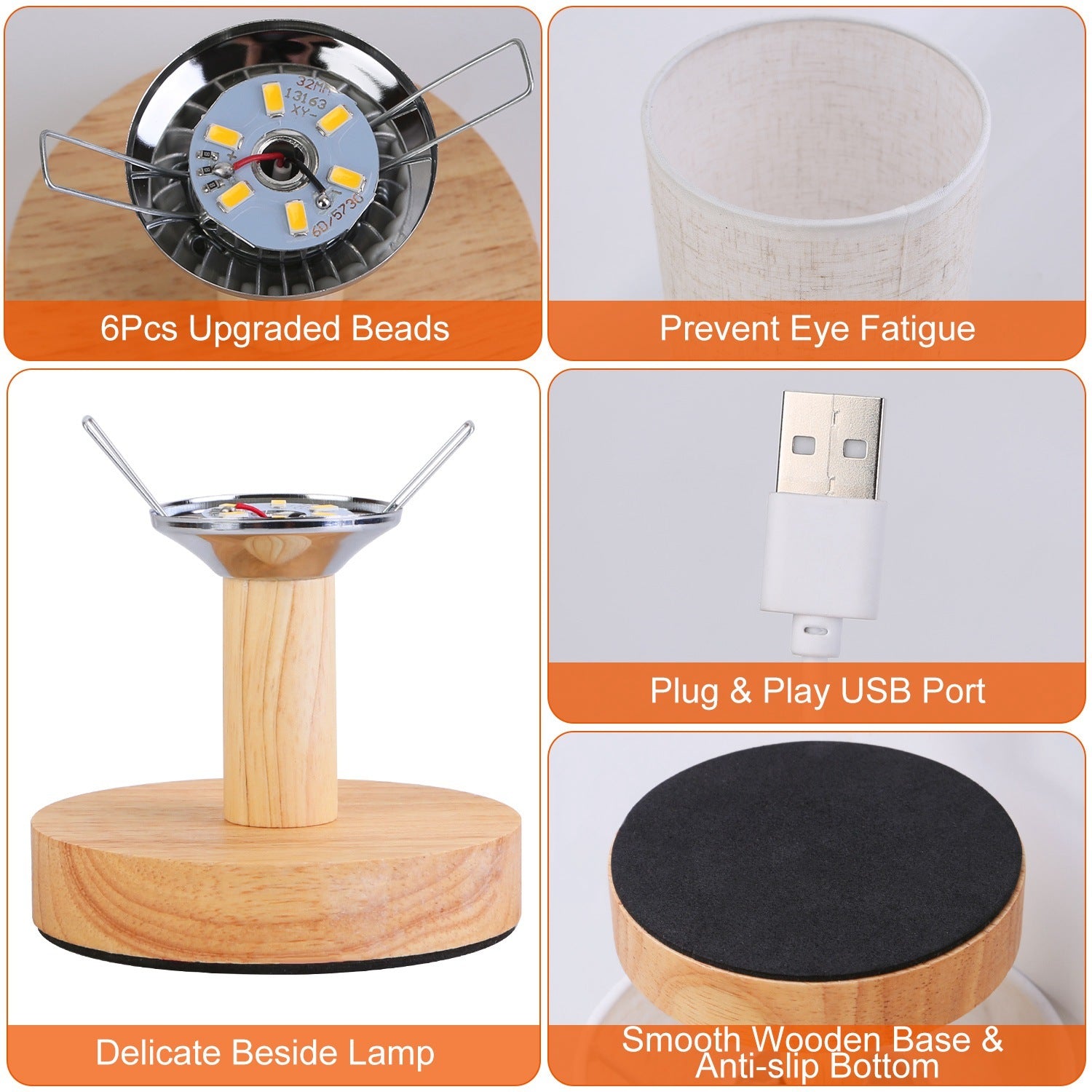 Warm White USB Bedside Lamp – Modern Bamboo & Cloth Desk Light