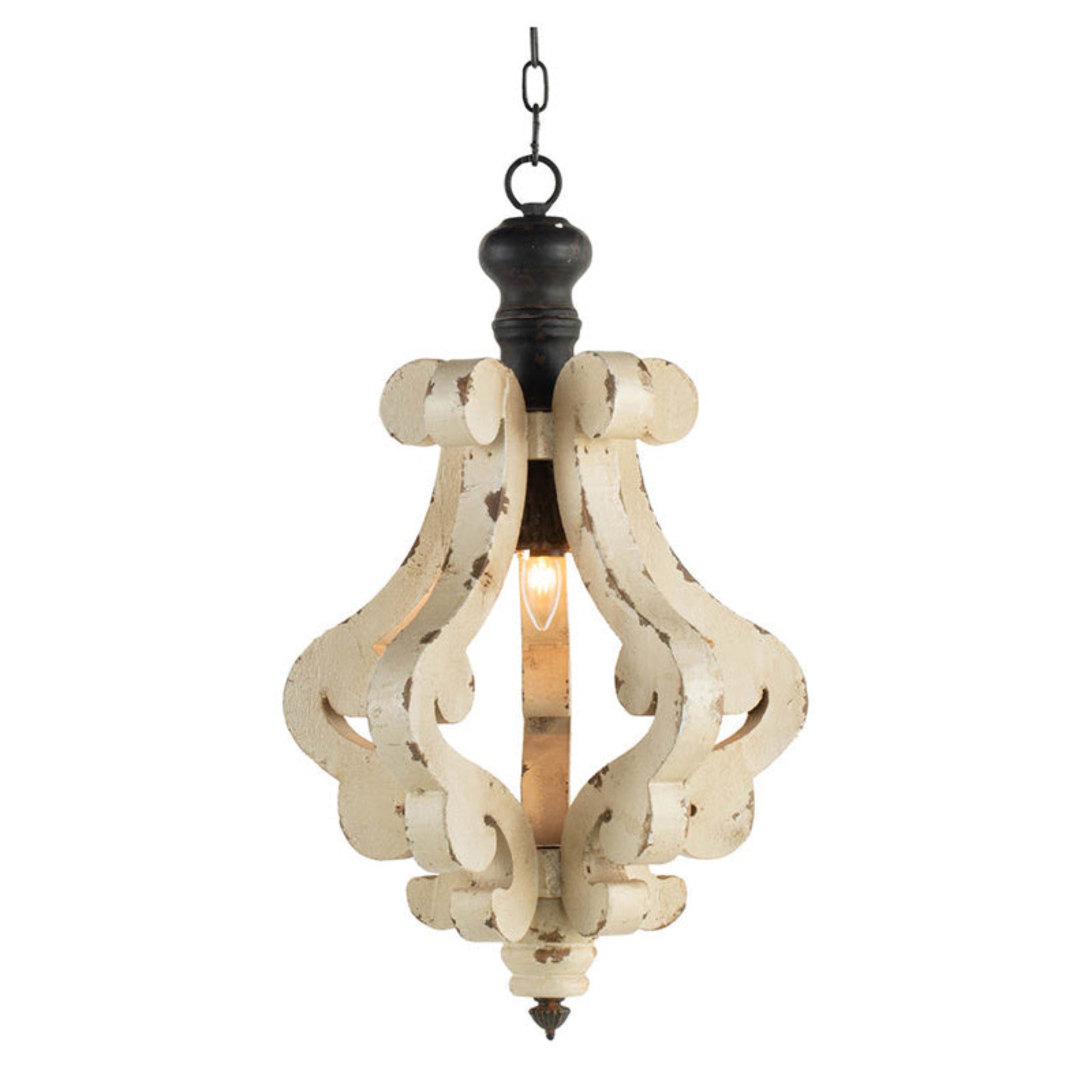 Vintage-style pendant light with white distressed finish and black fixture on a white background