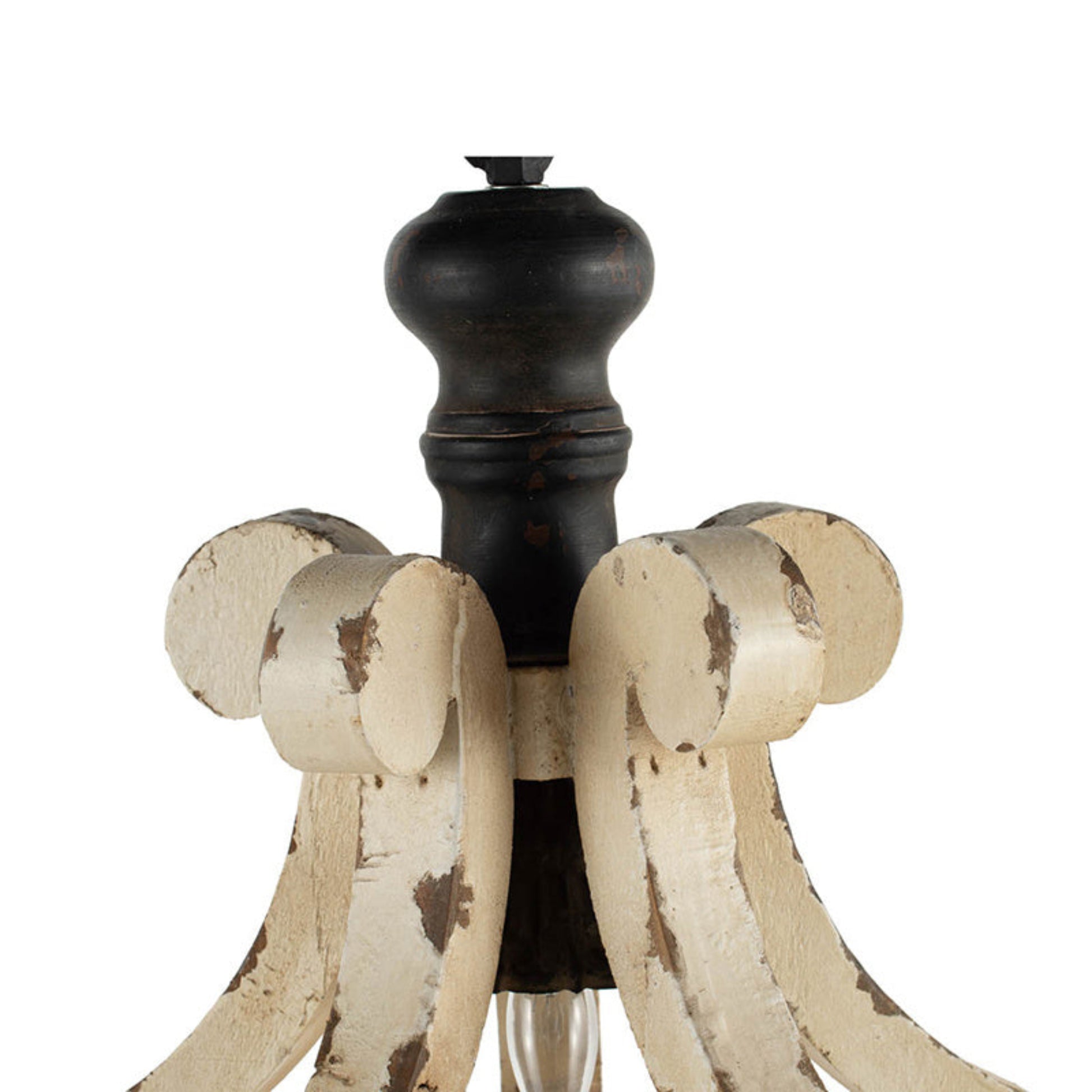 Decorative lamp with black base and cream-colored arms on a white background