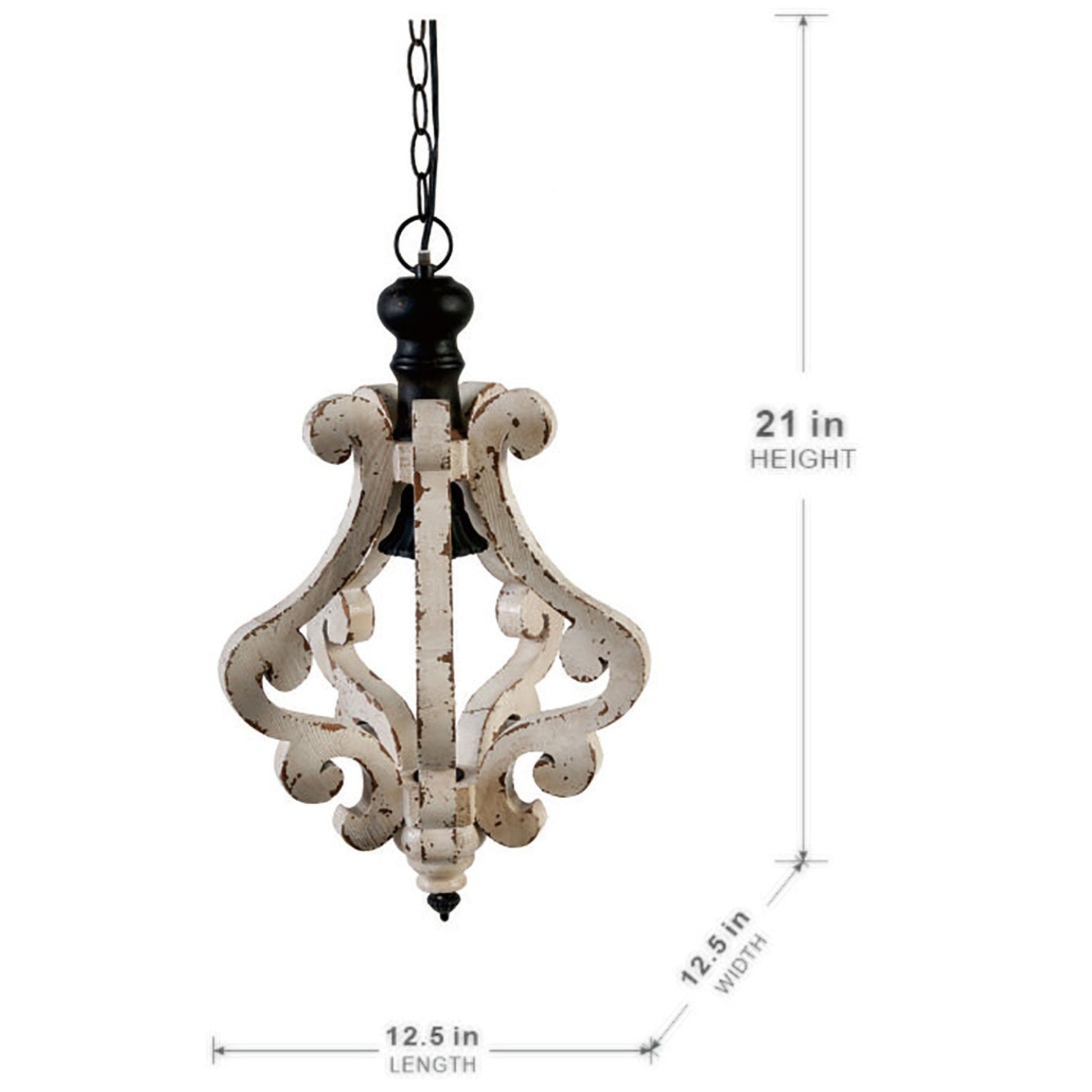 Decorative pendant light with dimensions on a white background