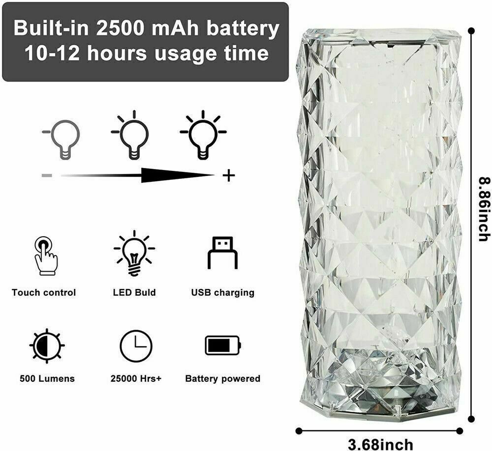 LED Crystal Table Lamp – 16-Color Rose Light with Touch & Remote Control